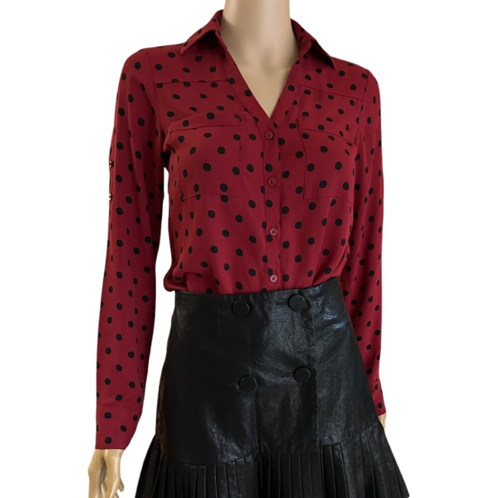 Express Women Button Down Long Sleeve RED POLKA DOT Work Office Shirt XXS NWOT